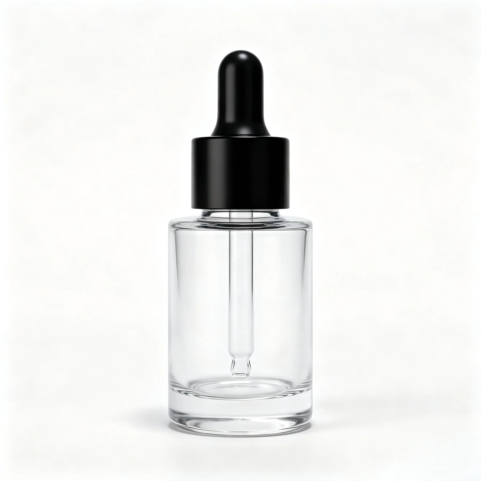 Flacon compte-gouttes rond transparent en verre épais de 30 ml pour huiles essentielles, essence, gouttes pour les yeux, avec bouchon pipette rechargeable et plat (1 pièce)
