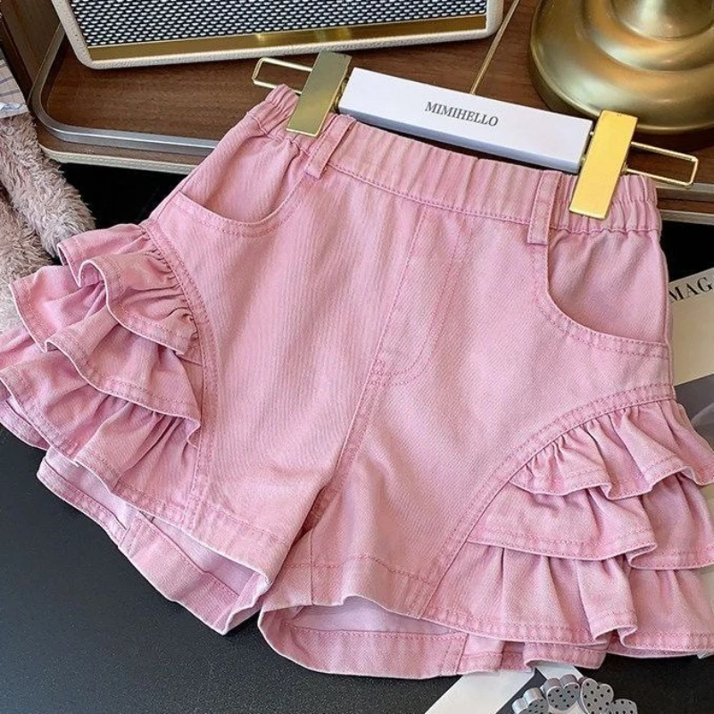 Cute Sweet Campus Kawaii Cottagecore Denim Shorts Double Layer Side Ruffle Hem Elastic High Waist Pink White Summer Jean Bottoms