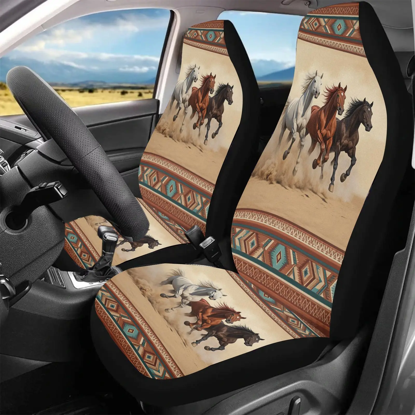 Car Seat Covers Beige With Running Horses And Tribal Patterns | Non- Polyester Fabric, Universal Fit, No Filler, Universally App