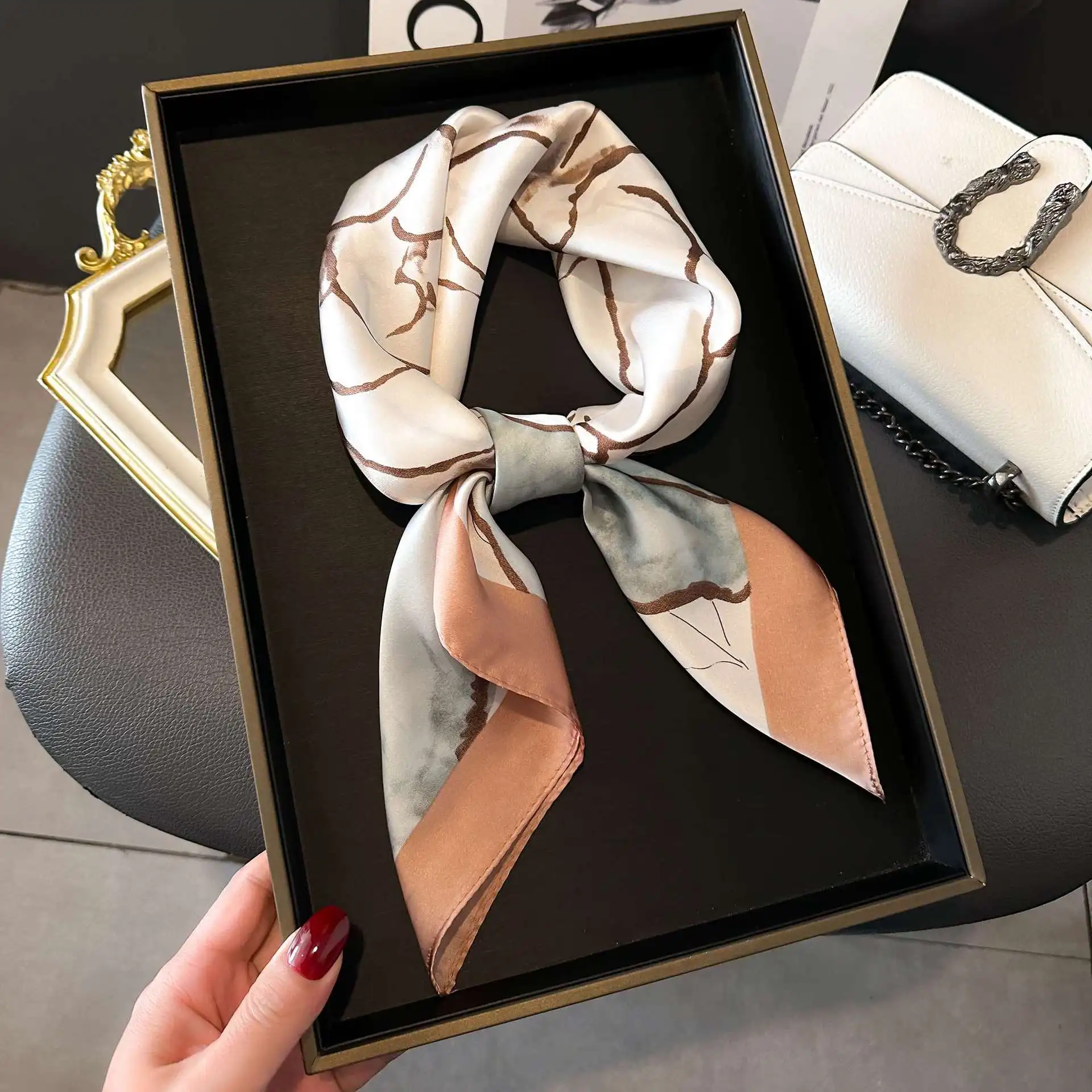 Print 70cm Floral Satin Headkerchief Women Luxury Design Neck Tie Scarf Female Hair Hand Wrist Foulard Shawl Hijab Bandana New image 6