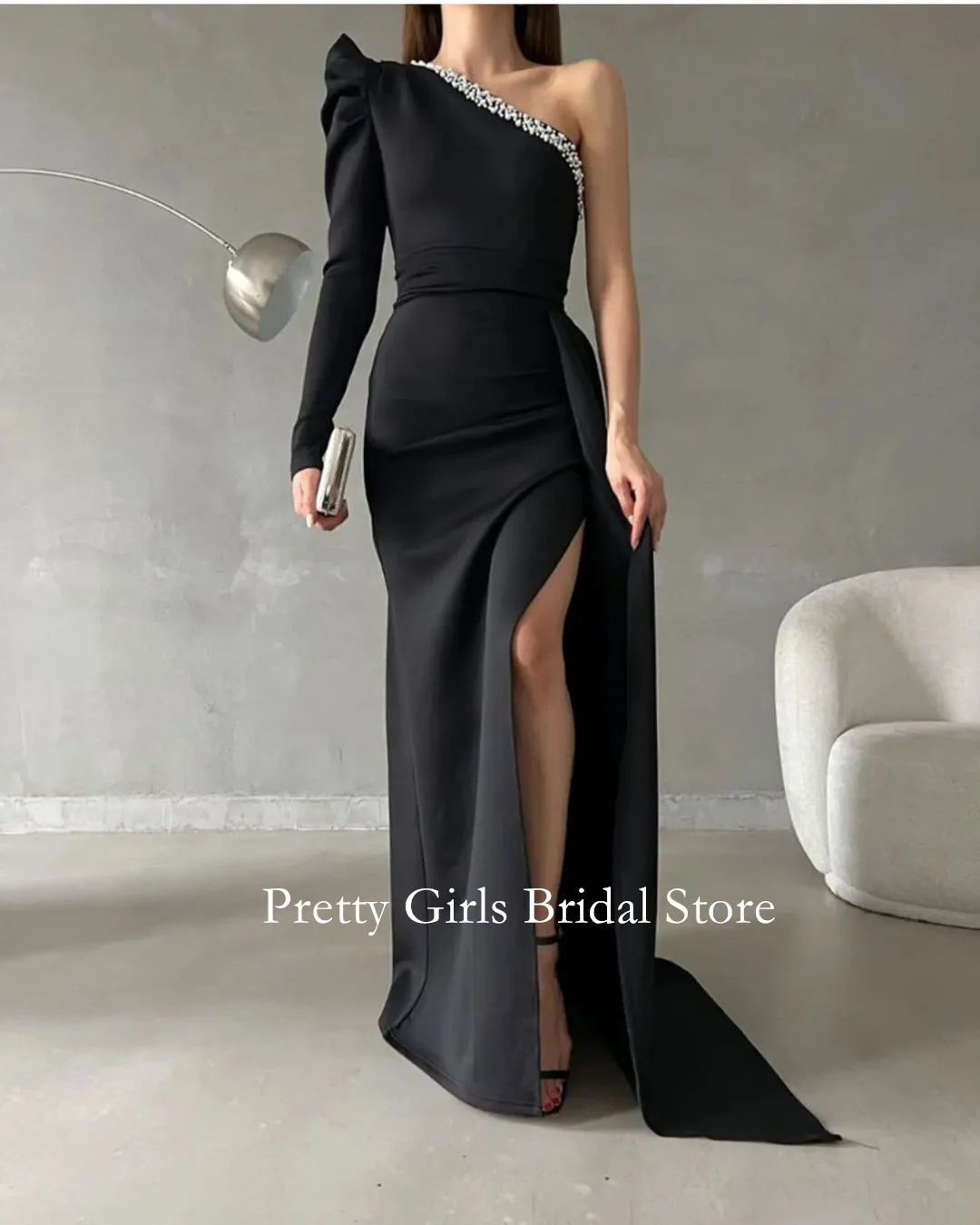 

OEING Arabic Style Vintage Satin One-Shoulder Crepe Satin Evening Dresses Black Slit Pearls Formal Prom Growns Party Women Bride