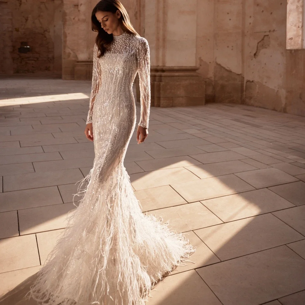 

Enchanting and Sparkling Feather Mermaid Wedding Dress High Collar Sparkling Pearl Long Sleeve Bride Dress Robe Customized