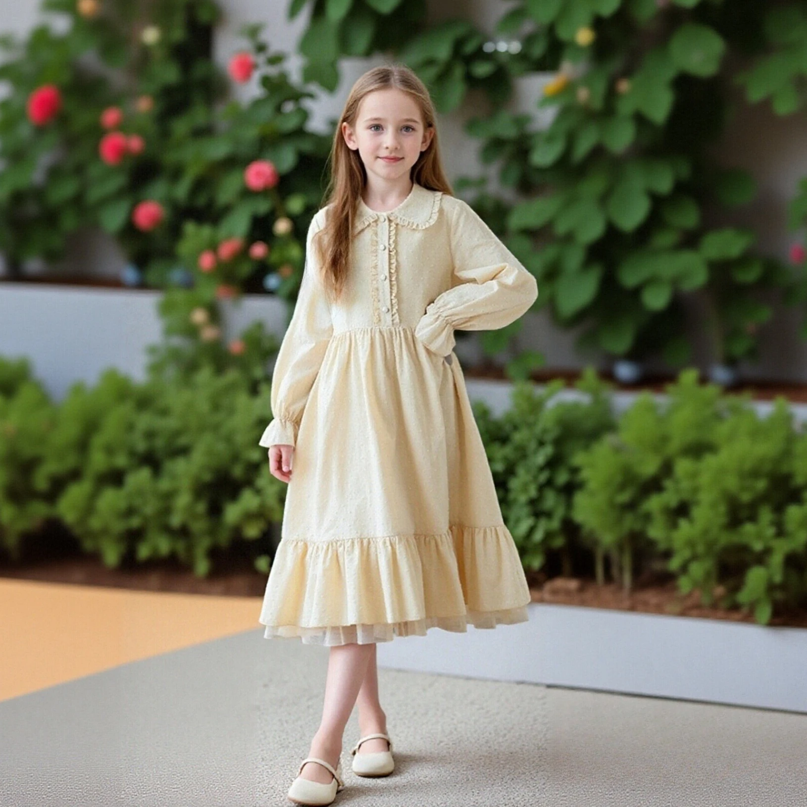 2026 Spring Girls Dress Long Sleeve Yellow Jacquard Princess Dresses for Kids Ruffles Mesh Patchwork Fashion Children Clothes