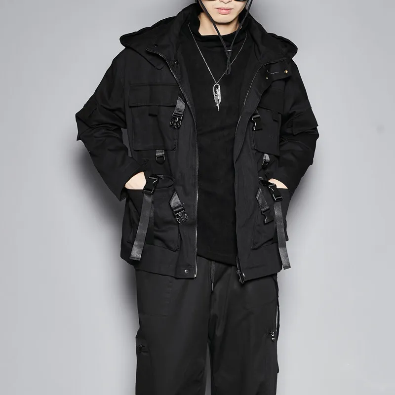 British Japanese Men's Functional Multi-Pocket Decorative Loose High Street Cut Jacket Autumn and Winter Hooded Jacket