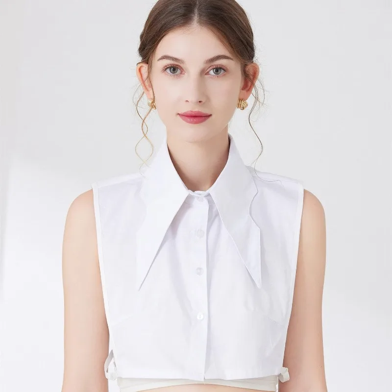 Feminino branco longo apontado colar falso grande lapela colar falso lapela destacável meia camisa de algodão colares falsos
