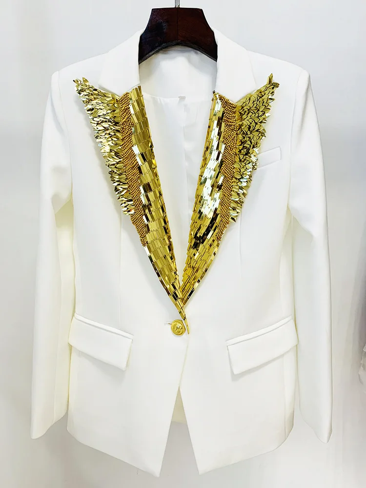 

Gold Feather Handmade Beaded Decorative Collar Jacket Blazer Women 2023 Fashion Metal Sheet Beads One Button Suit Coat Blazer