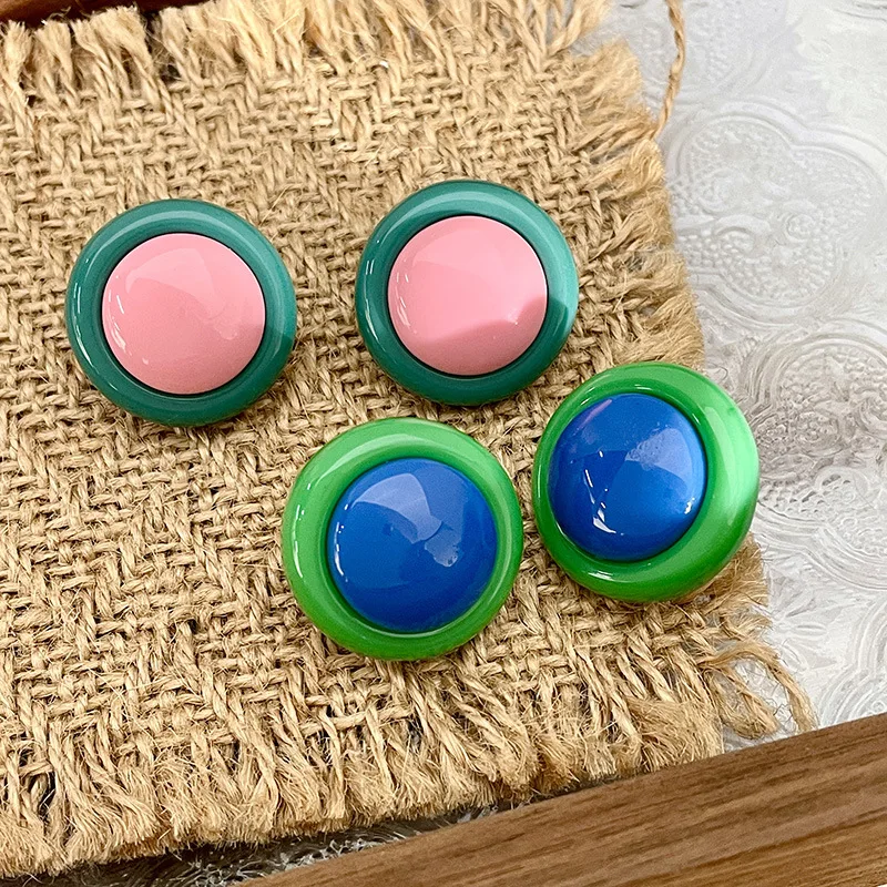 

Special Design Vintage Blue Green Contrast Color Round Stud Earrings Women Korean Fashion INS Retro Candy Color Earring Jewelry