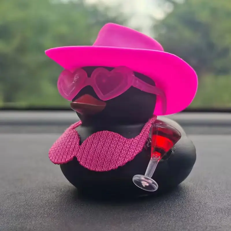 Cute Dashboard Decoration Black Yellow Duck Featuring A Fuchsia Denim Hat Stylish Glasses and Mini Red Wine Glass