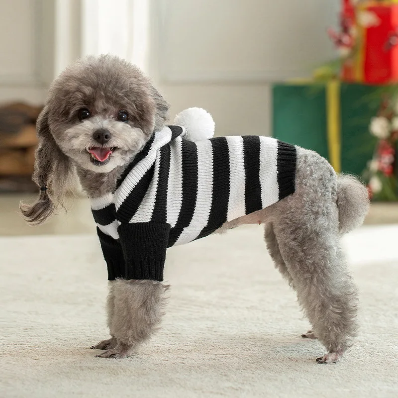 Dog Cat Sweater for Small Medium Dogs Stripe Knitted Christamas Sweater Hooded Autumn Winter Pet Clothes Xmas Puppy Outfits