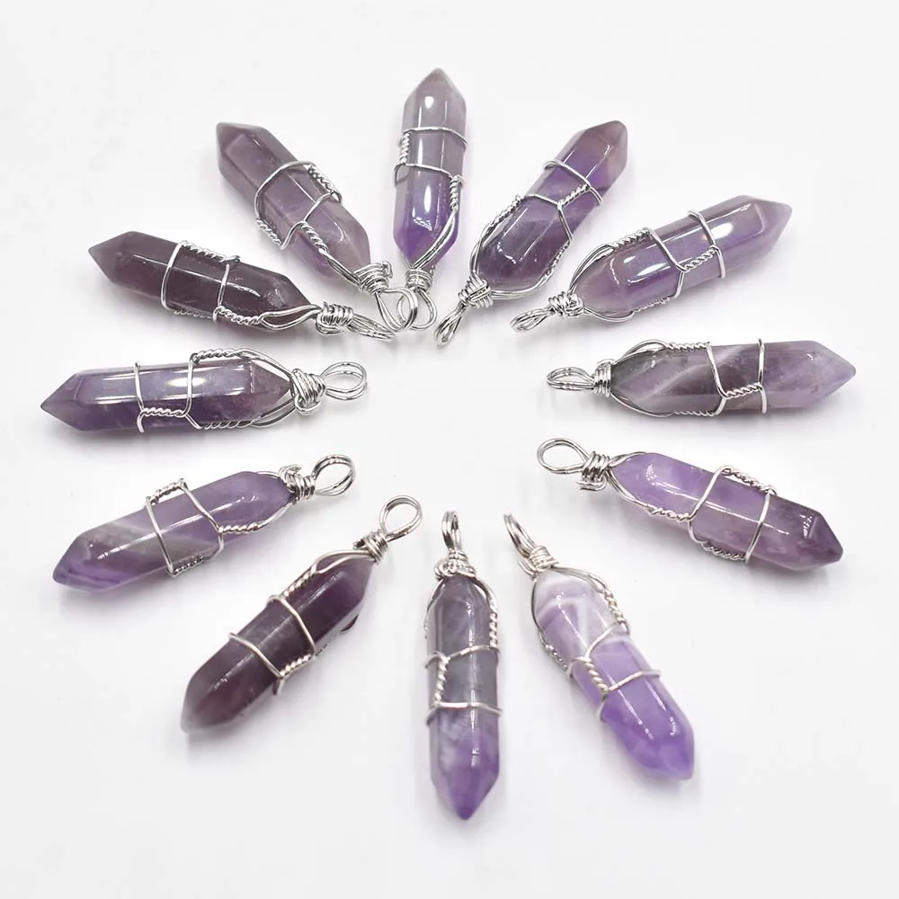 Wholesale 12pcs/lot natural tiger eye stone amethysts pillar shape point handmade iron wire pendants for jewelry making free