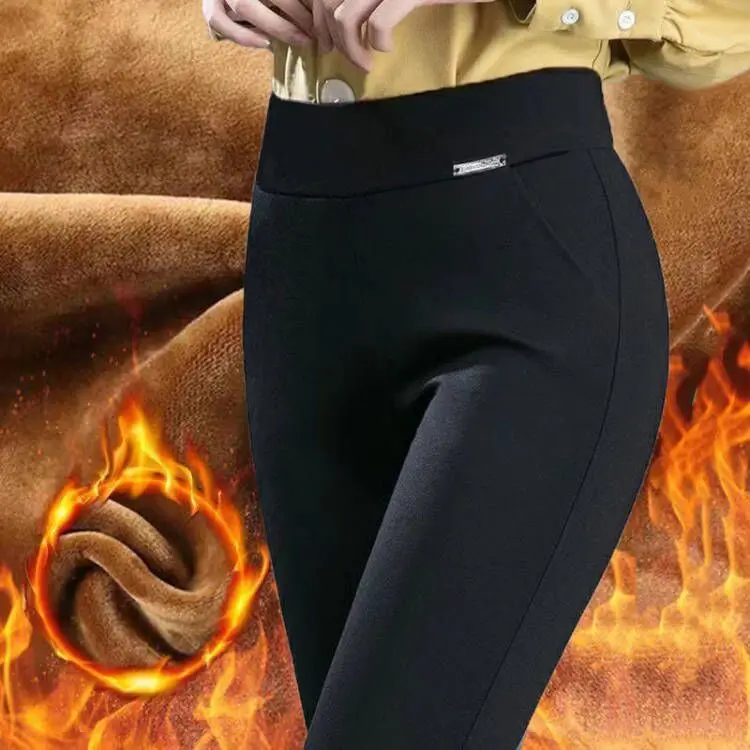 Women's High Waist Fleece Lined Thickened Casual Pants Autumn Winter Small Footed Trousers Stylish Mom Clothes Nine Points