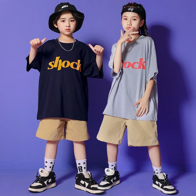 Kid Kpop Hip Hop Clothing Graphic Tee Oversized T Shirt Top Khaki Summer Pocket Shorts for Girl Boy Jazz Dance Costume Clothes