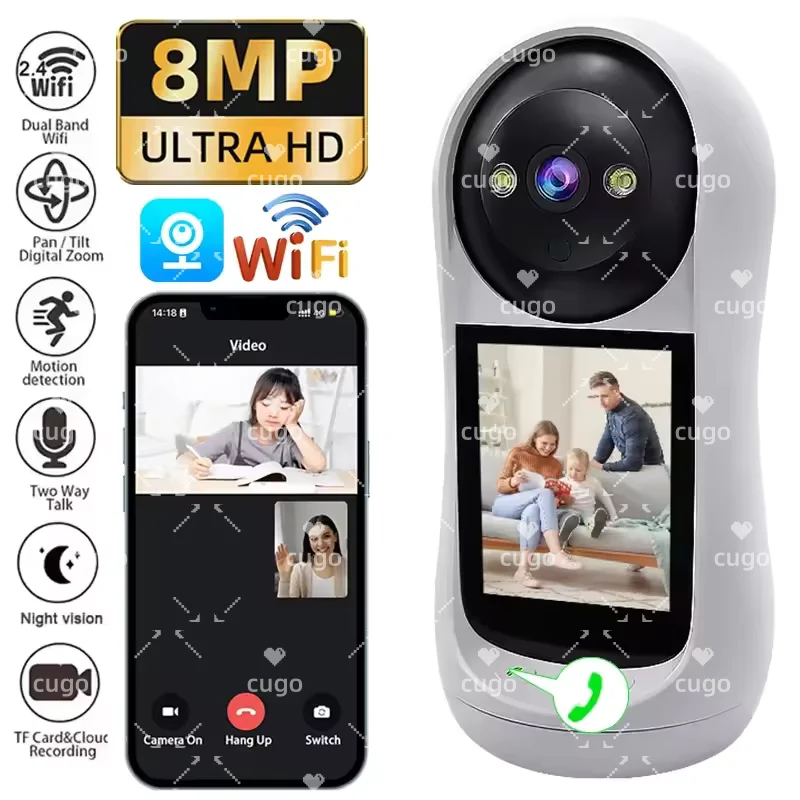 

2.8 Inch Wifi Camera Vedio Baby Monitor 8MP Surveillance IP Camera IPS Screen Sound Detection HD Smart Home PTZ Security Cam
