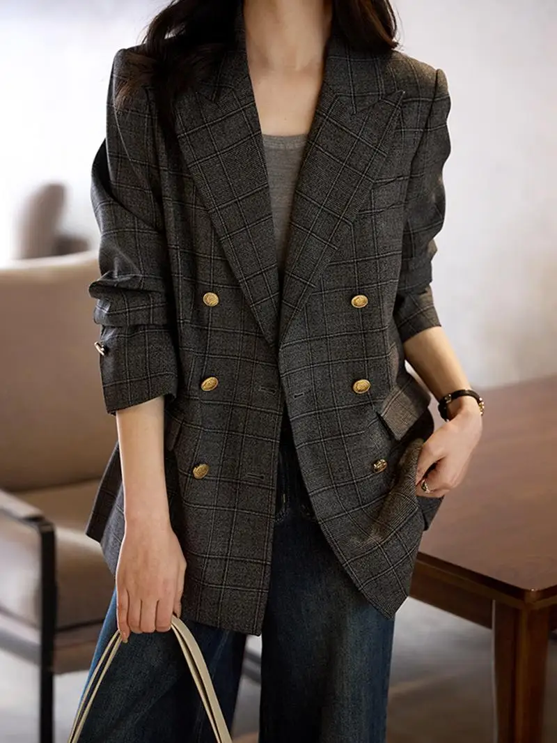 

Классический шерстяной костюм Xhange с подплечниками, винтажный, с пуговицами, узором в виде айс-скейл, длинными рукавами, для повседневной носки, женский, премиум-класса, модный