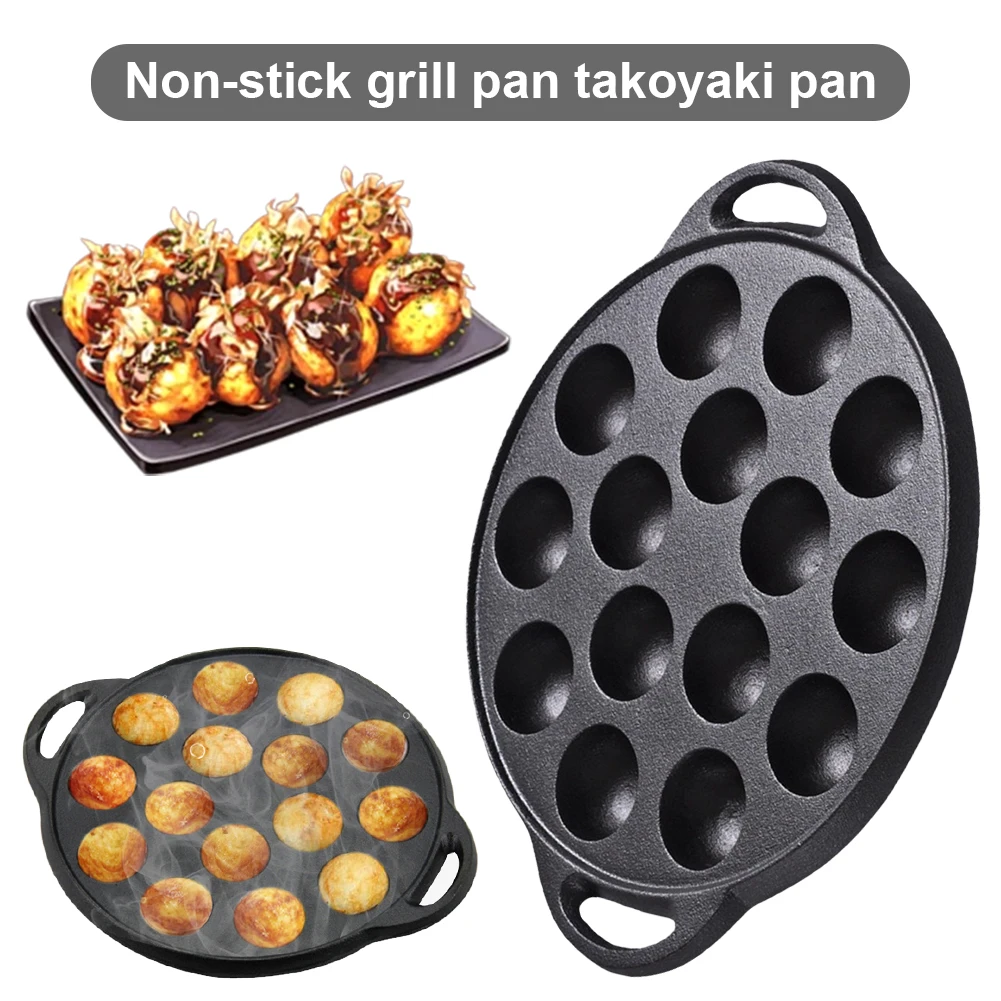 Cast Iron Takoyaki Pan 15 Nonstick Compartments for Making Octopus Balls and Bite-Sized Desserts