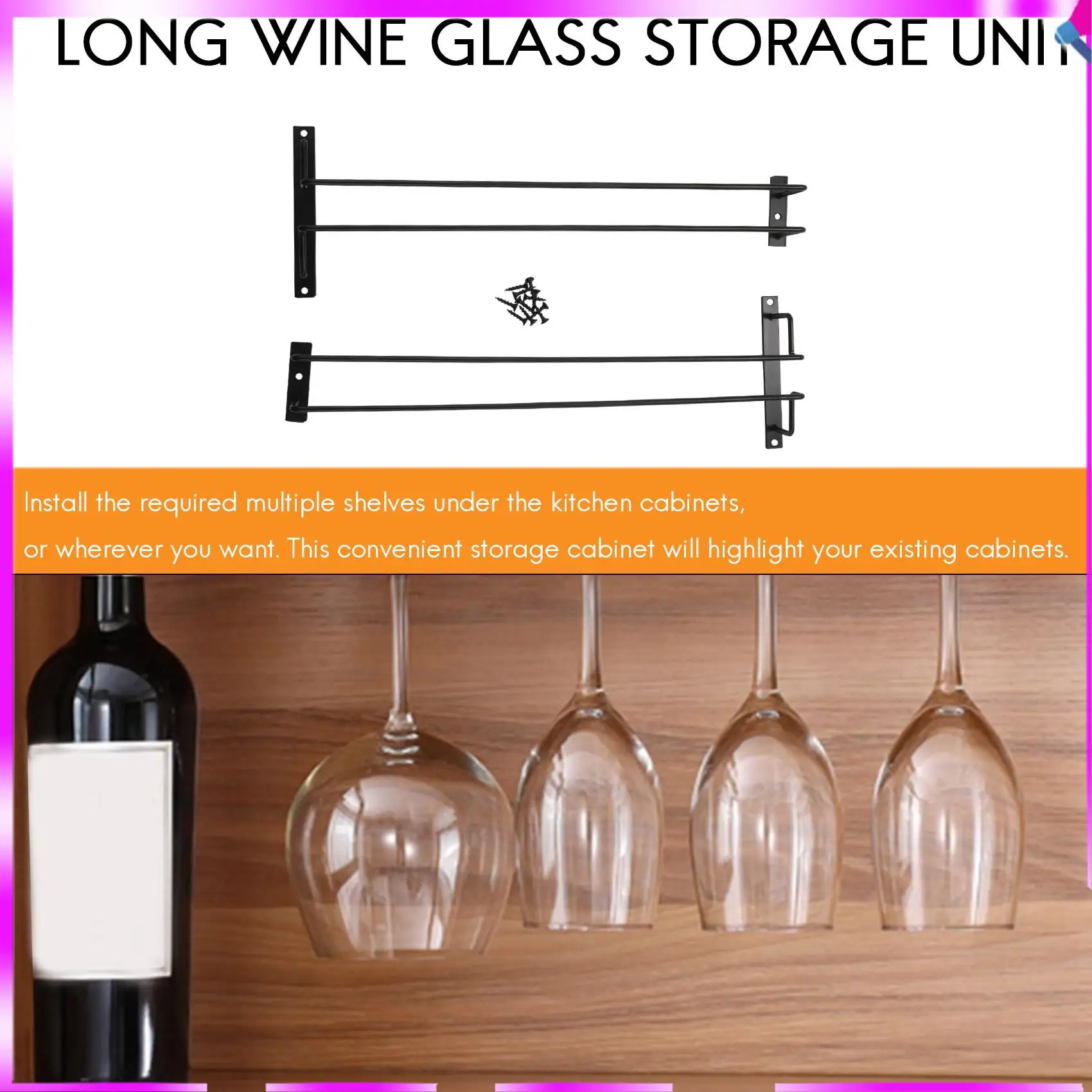 

N96R Large Stemware Wine Glass Hanger Rack Under Cabinet Kitchen Bar Storage Black Iron 17 Inch Set Of 2