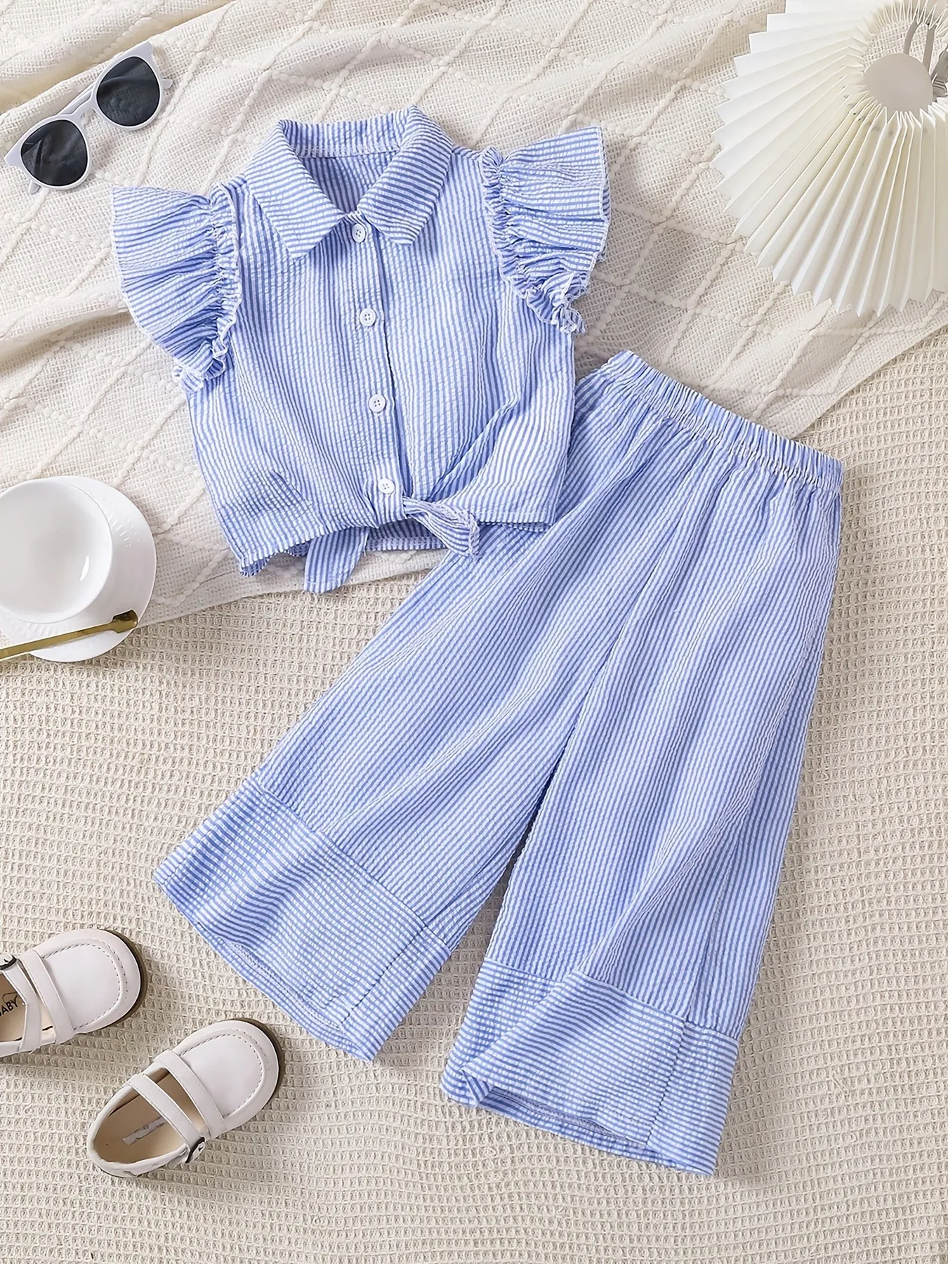 Trendy Girls 2Pcs Preppy Striped Co-ord, Blue White Ruffle Collared Shirt & Wide Leg Pants for Kids