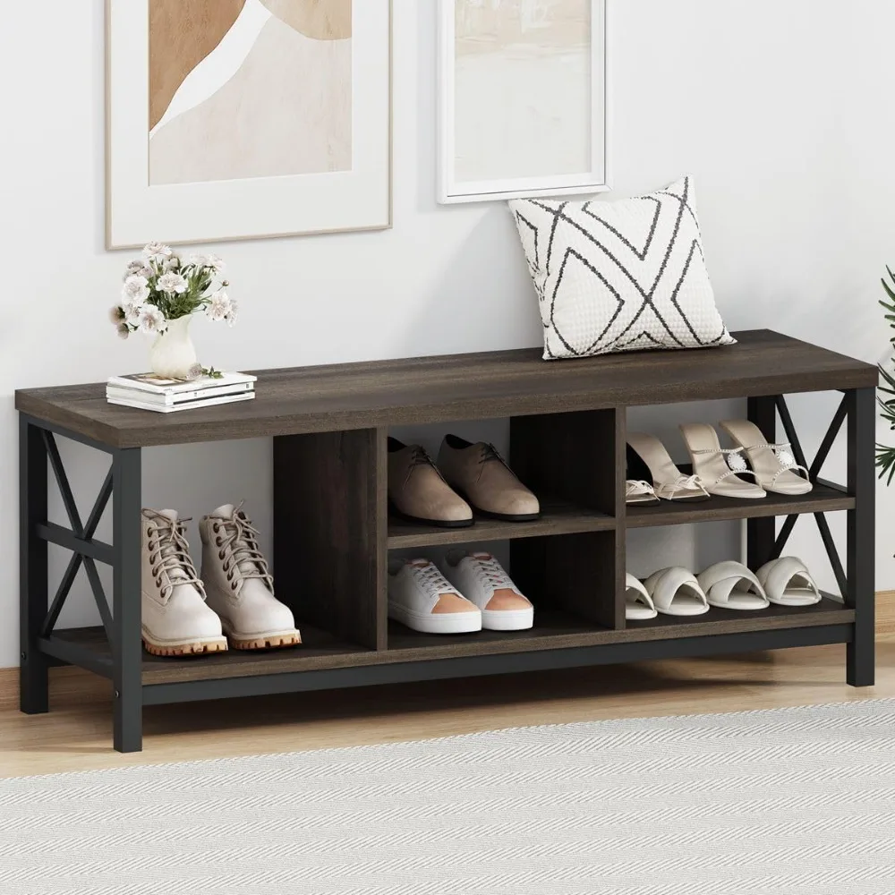 

FATORRI Shoe Bench Entryway with Storage, Industrial Wood and Metal Hallway Benches with Adjustable Shelves, for Living Room