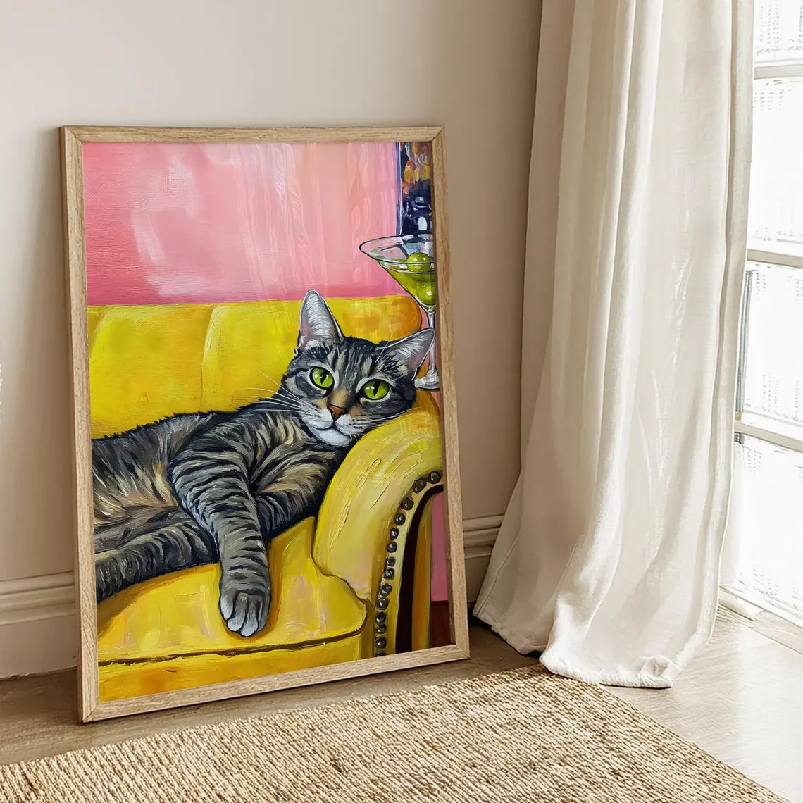 Trendy Tabby Cat Couch Art Funny Colorful Cat Martini Print Quirky Whimsical Poster Cocktail Bar Cart Art Cat Wall Art Modern Ho