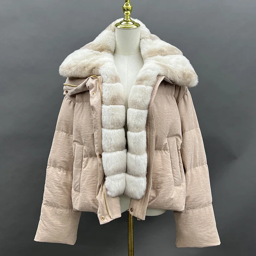 JANEFUR Natuurlijke Real Rex Konijnenbontkraag Warme Ganzendons Jassen Winter Vrouwen Vrouwelijke Uitloper Jassen JFB8-25007