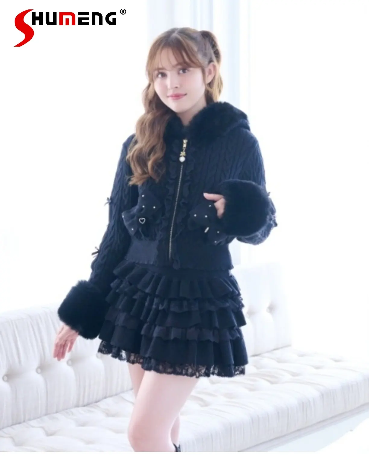 

Японский комплект из двух предметов: плюшевая вязаная куртка с капюшоном на молнии и юбка-кейк в стиле Лолита, милый и нежный, для девочек и женщин, 2026