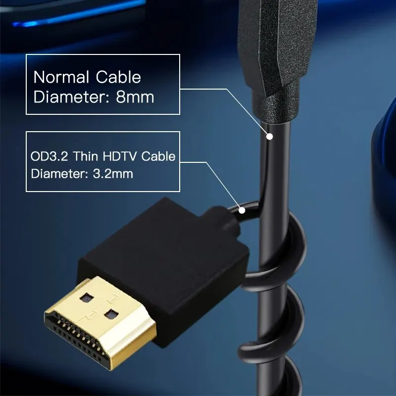 Ultra cienki kabel HDTV OD 3.2mm 4K @ 60hz lekki przenośny 1FT krótkie cienkie elastyczny cienki HDMI 2.0 zwinięty