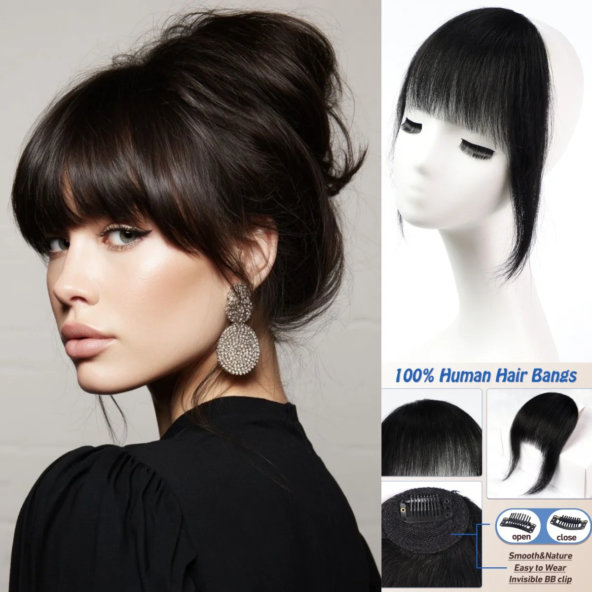 100% Human Hair Black Bangs with Sideburns Clip in Air Wispy Fringe Hair Extension Piece for Daily Wear Human Hair Bangs