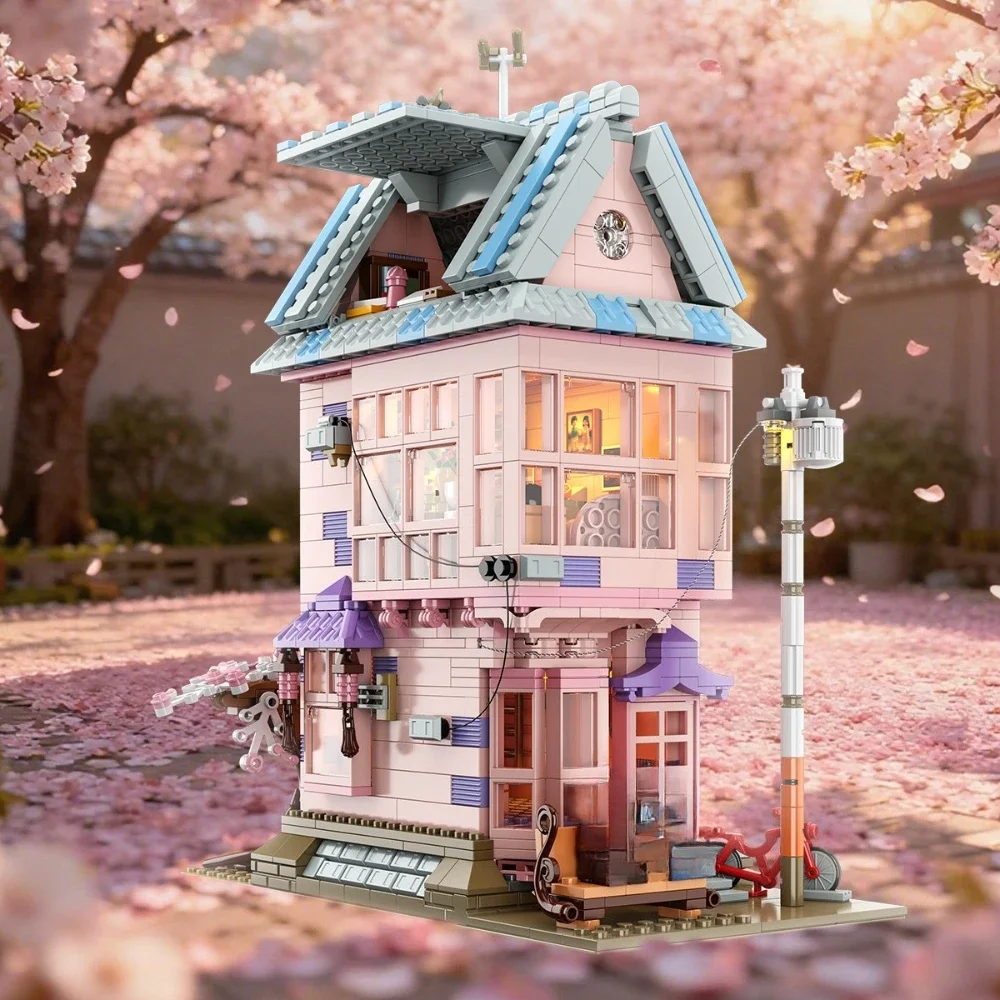 MOC Sakura-Juego de bloques de construcción de casa de Villa de dos pisos, escenarios de la vida diaria, cabaña rosa, juguetes para niños, regalos de cumpleaños