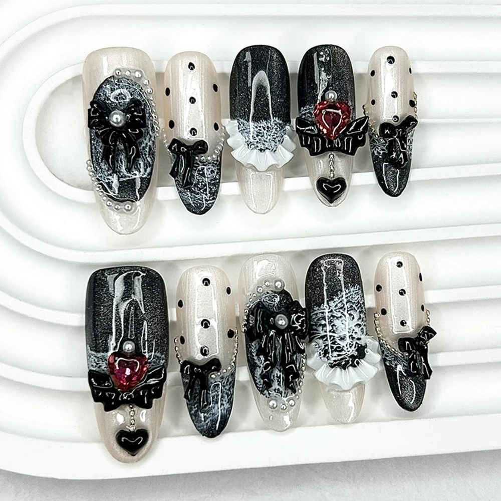

Y2K Gothic Lolita French Tip Lace Handmade Press On Nails Black Cat Eye Nail Art Cute 3D Bow Pearl Maid Long Almond Fake Nails