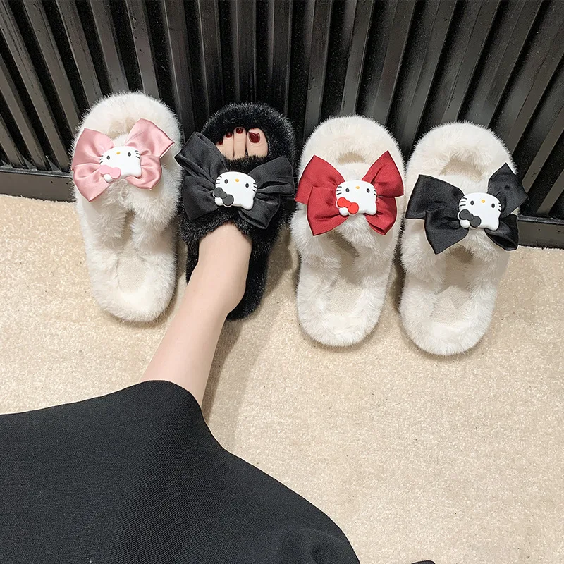 Ins Same Style New Cartoon Hello Kitty Princess Style Plush Slippers Girl Heart Bow Tie Autumn and Winter Home Fur Slippers