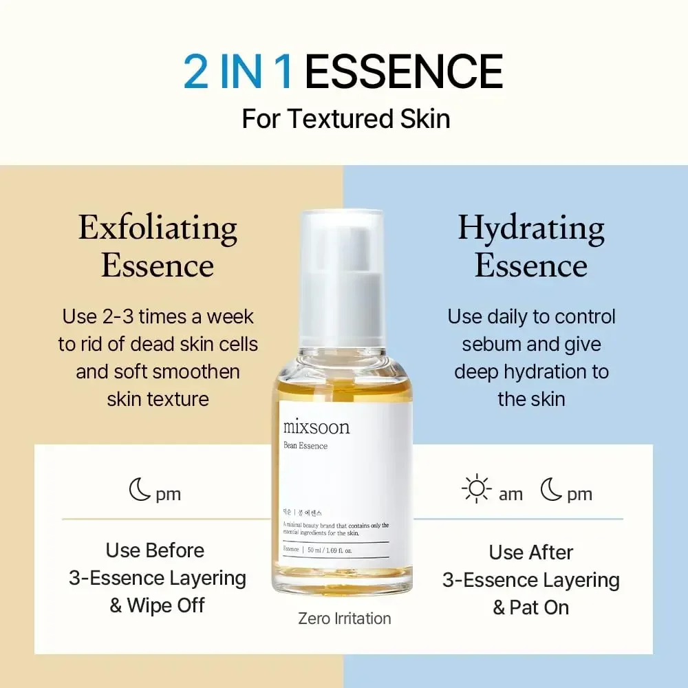 Mixsoon Bean Essence Vegansnail, Essence pengelupas kulit untuk wajah, hidrasi dalam lembut perawatan kulit Korea 50ml