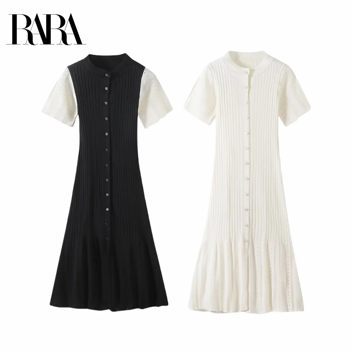

RARA Women's Summer New Ruffle Hem Elegant Sweet Crew Neck Short Sleeve French Knit Slim Fit Mid Length Dress