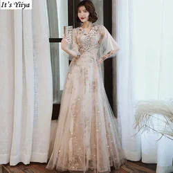 It's Yiiya Customized Evening Dress Champagne Women V-neck Appliques Half Sleeve A-line Floor-length Plus size Formal Party Gown