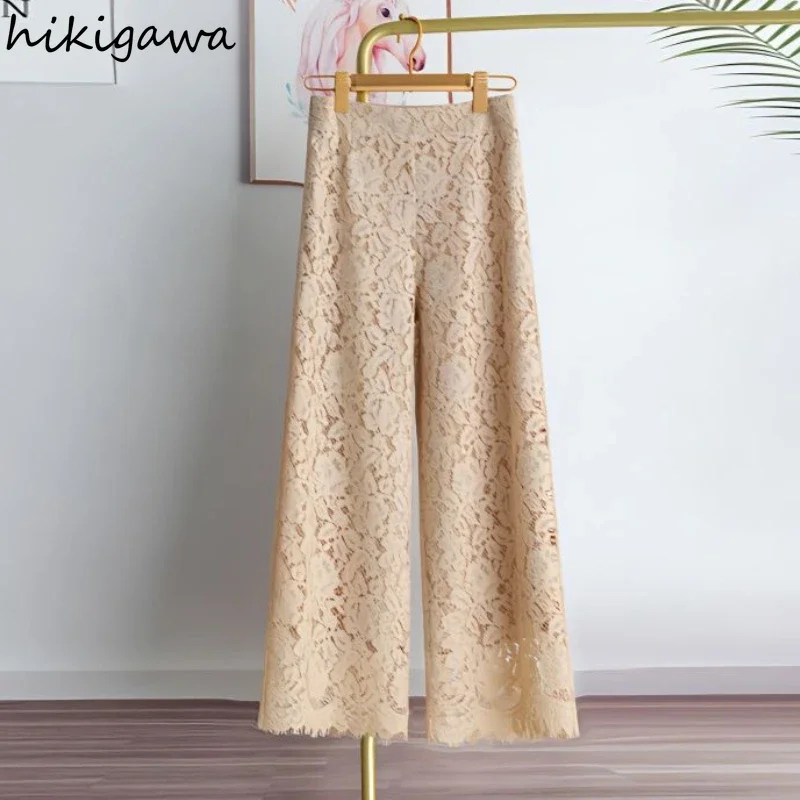 

Lace Wide Leg Pants for Women 2025 New Bottoms Loose Straight Trousers High Waist Solid Color Temperament Summer Pantalon Femme