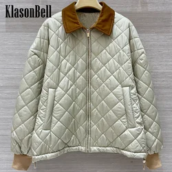 9.8 KlasonBell Women 2024 Autumn Winter New Quilted Argyle Plaid Corduroy Lapel Spliced Parkas Hem Adjustablewstring Design Coat