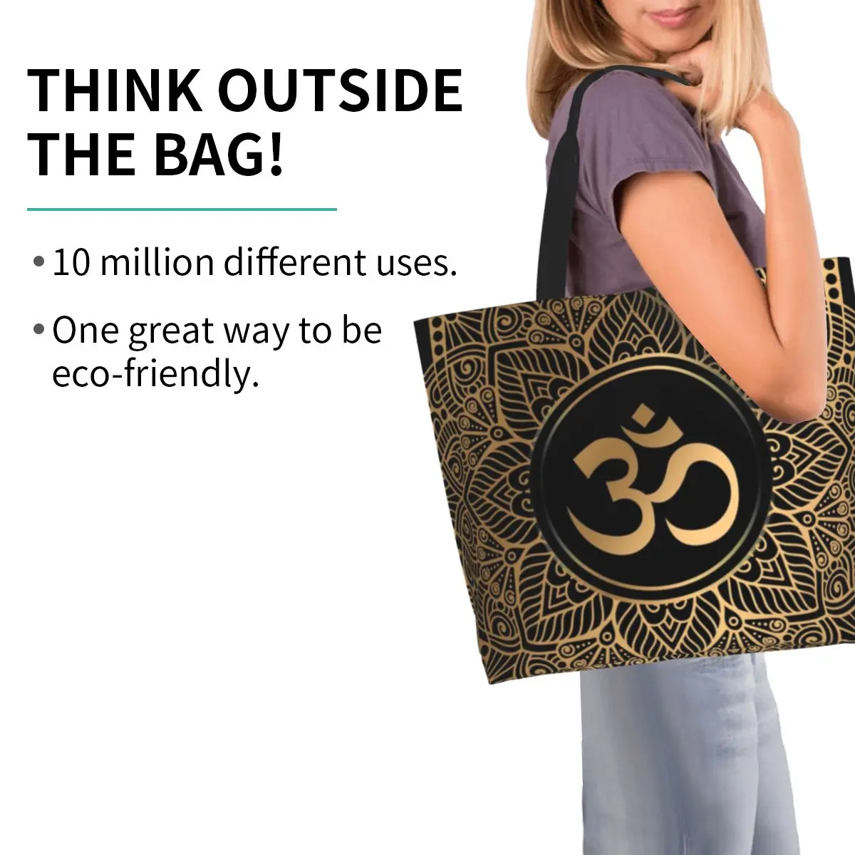 Borsa per la spesa in tela personalizzata Golden Om Mandala donna lavabile grande capacità Grocery hennè Aum Tote Shopper Bags