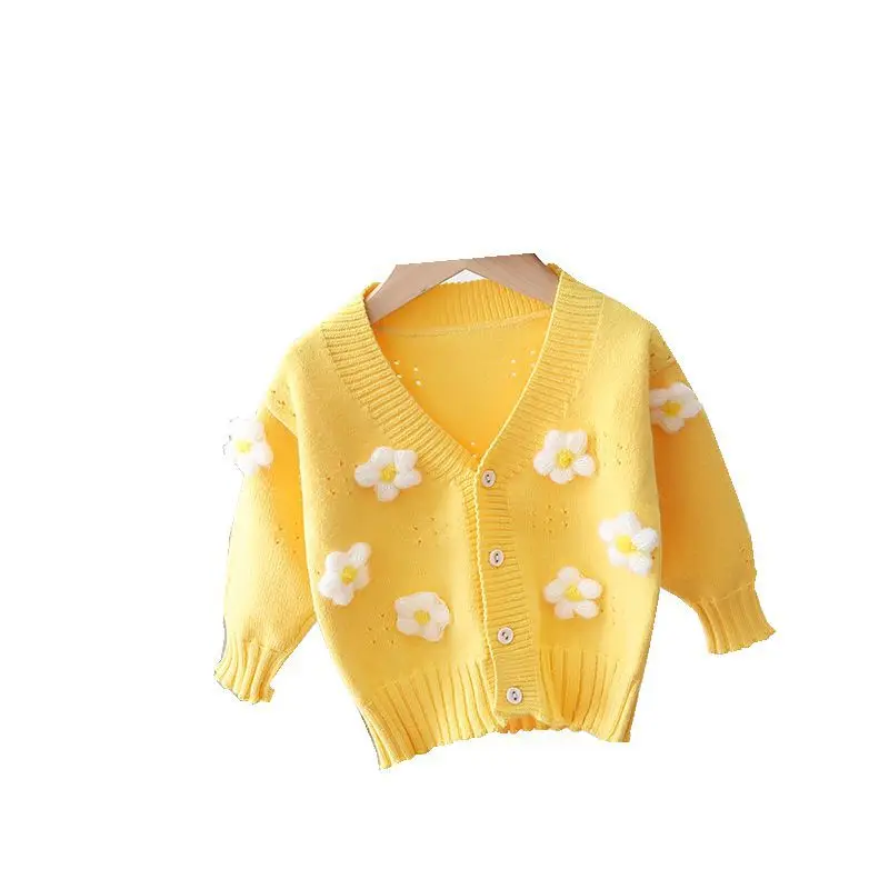 Girls\' Sweater Cardigan 2023 Spring and Autumn Korean Edition Girls\' Fashionable Flower Knitted Coat Children\'s Wear