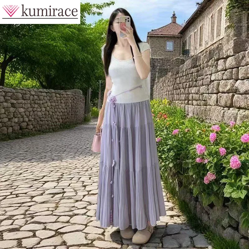 

Set of 2026 Summer New Gentle Square Neck Knitted T-shirt Short Sleeved Top Slim Fit High Waist Skirt Mini Skirt Skirt Sets