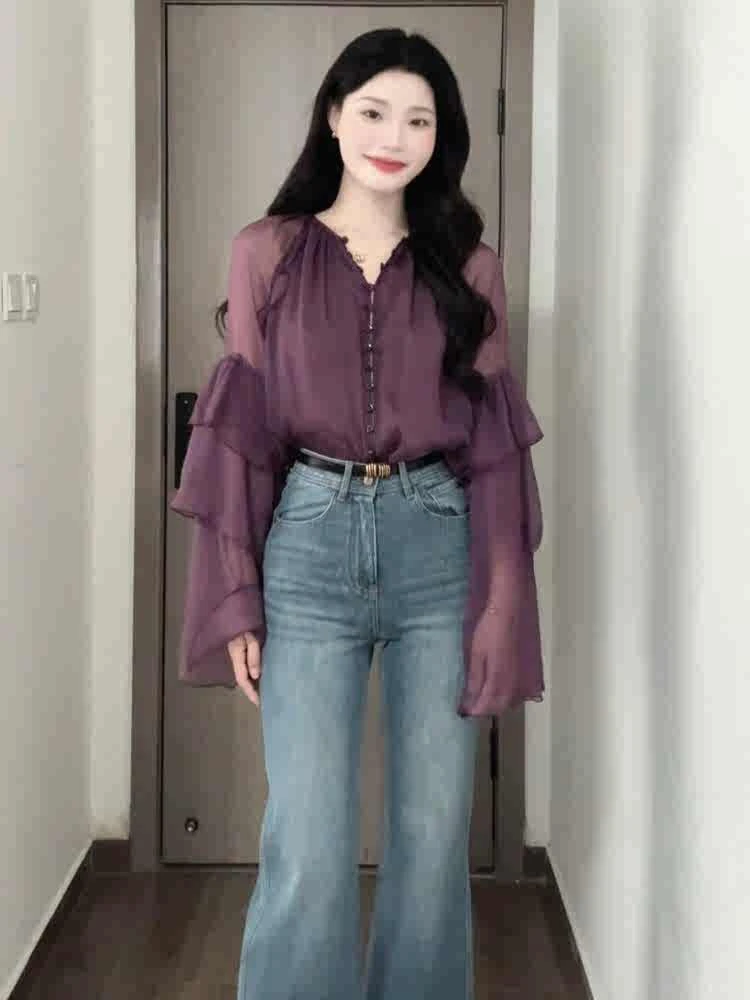 

Женская атласная блузка Ele French Sle, летняя коллекция 2025, модный тренд, свободный крой, короткий рукав, V-образный вырез, для повседневной носки, защита от УФ-излучения