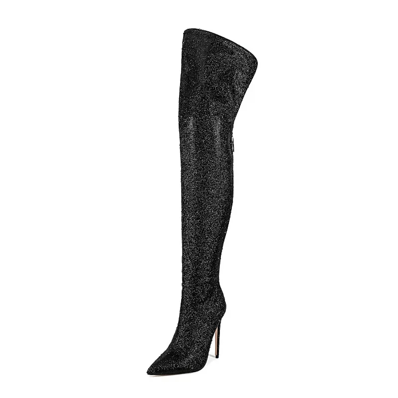 Fashionable Rhinestone Knee High Boots with Sexy Pointed Back Zipper Thigh High Boots, Slim High-heeled Women's Runway Shoes