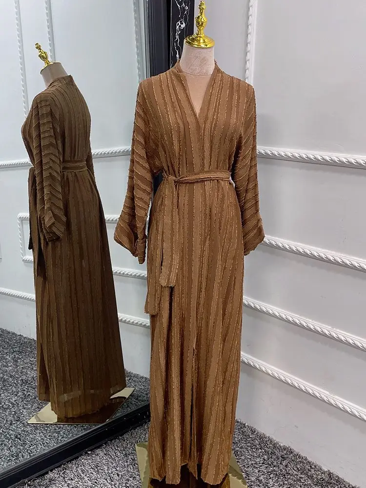 Abaya muçulmana com cinto WY709, vestido muçulmano de manga comprida Dubai, Djellaba Islã, quimono aberto, cores Ramadan, Eid