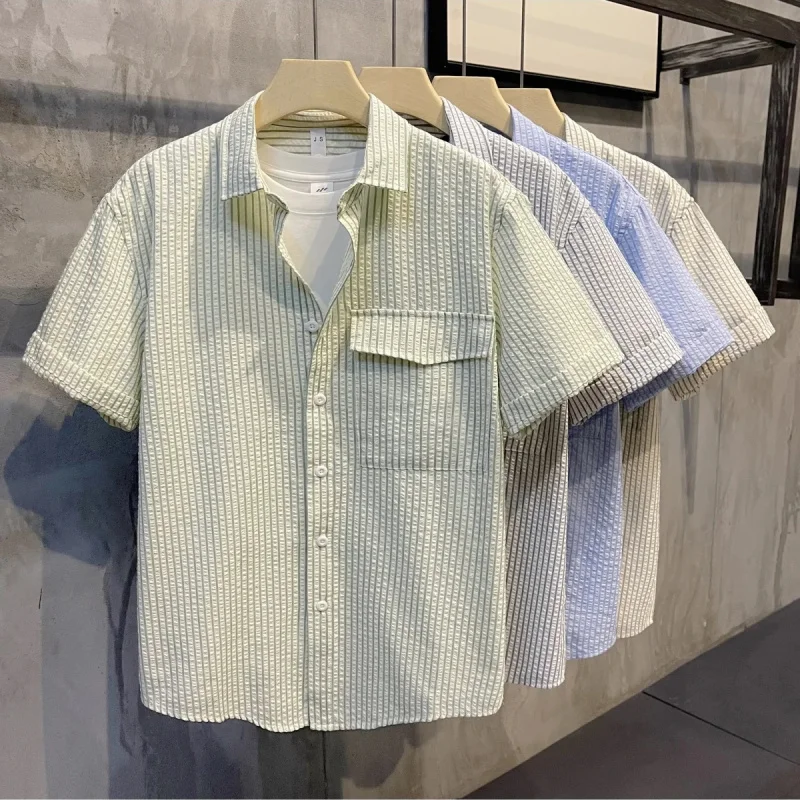 2024 New Summer High-end Contrasting Color Loose Casual Fashion Lapel Pocket Stripes Simple and Versatile Short Sleeved Shirt