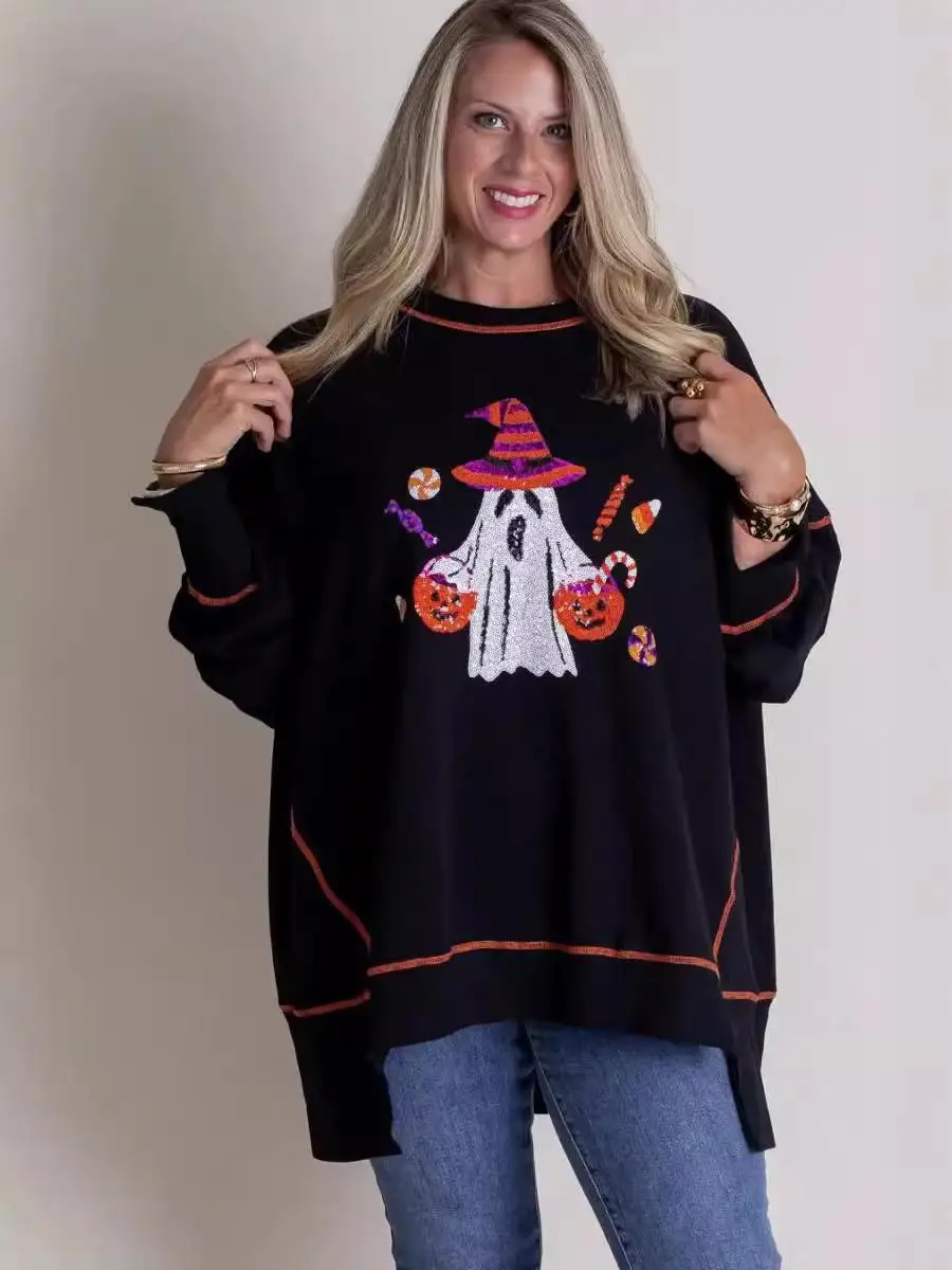 Loween Ghost Sweat à capuche ample haut décontracté Long Sve coupe confortable femme Sweat loween thème Streetwear