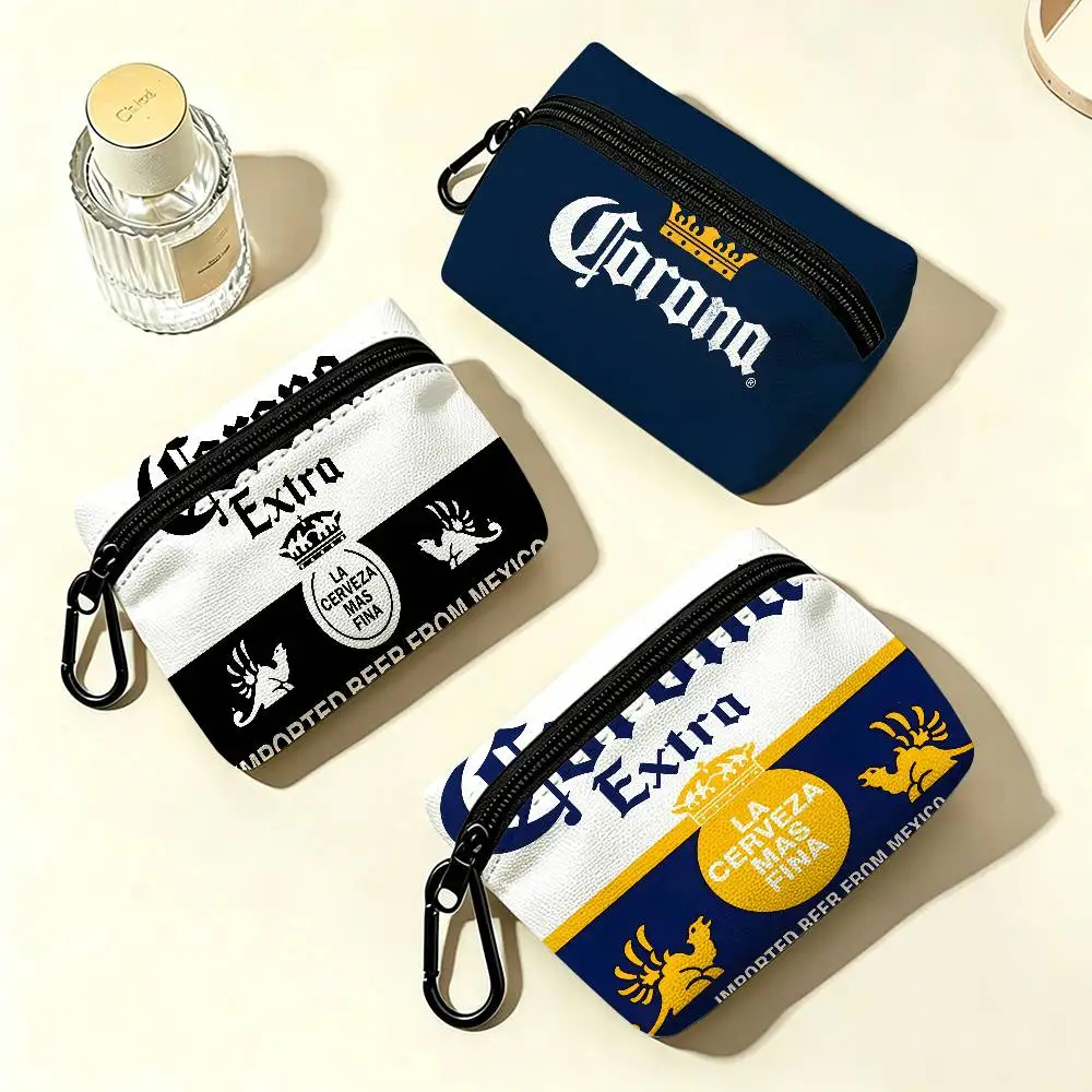 Drink C-Corona White Oxford Cloth Zipper Coin Purse Lightweight Hanging Key Pouch Card Holder For Daily Use
