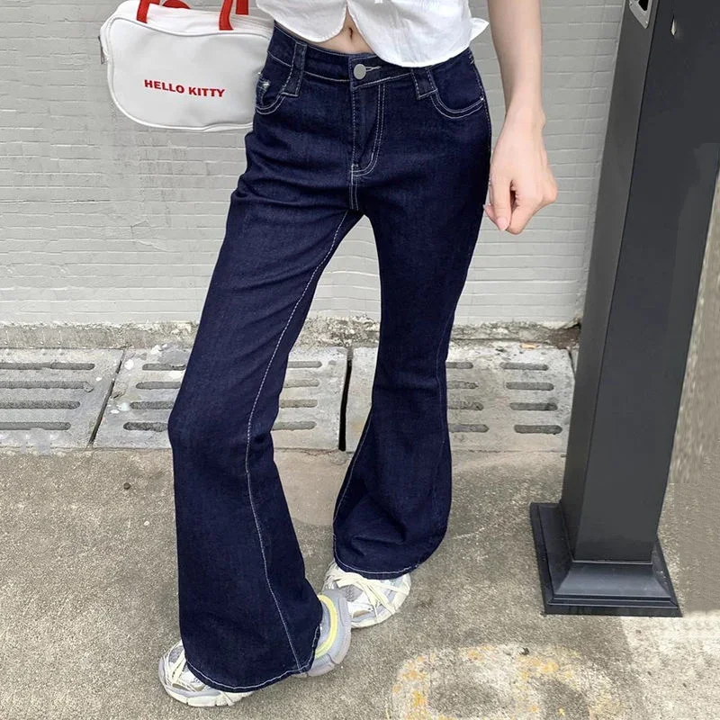 2025 Spring Female Korean Wash Dark-Blue Flare Jeans Lady Chic Designer Bell Bottom Pants Girls Vintage Slim Fit Denim Trousers