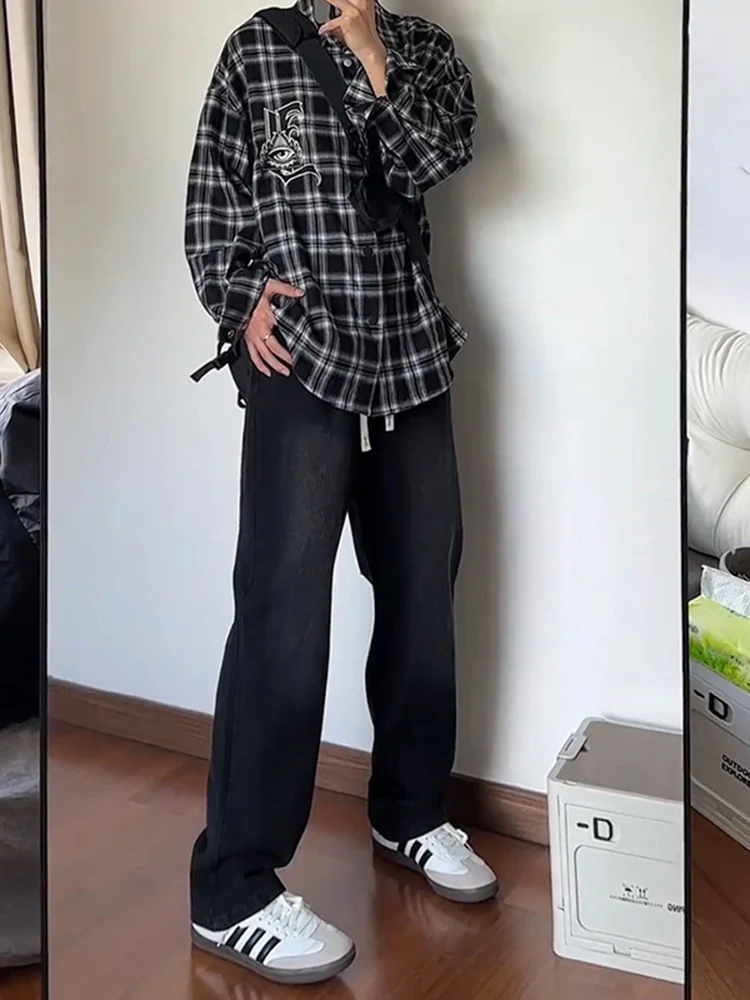 

ey Straight Leg Jeans Men's Summer American High Street Waed Dstring Casual Outdoor Wide Leg Pants Youth Faion