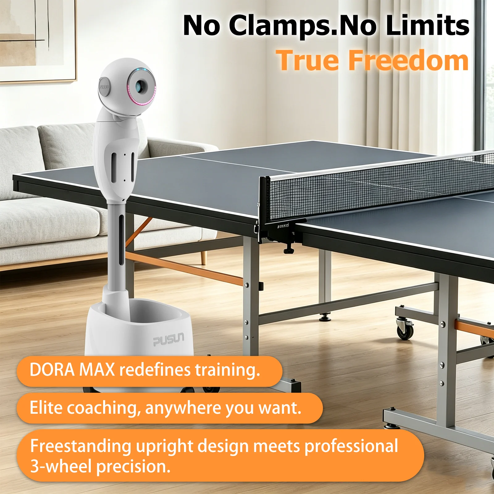 Pusun DORA MAX Professional Indoor Table Tennis Robot with Net 760 Drills Free Program Advanced Portable Training Machine