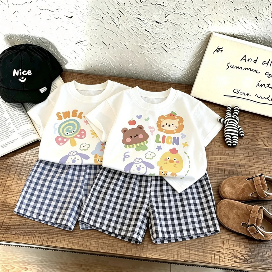 Trendy Suits For Boys And Girls Lovely Tees Plaid Shorts Unisex Clothes Round Neck T-shirt+Shorts Trendy Summer Wear Kids 2pcs
