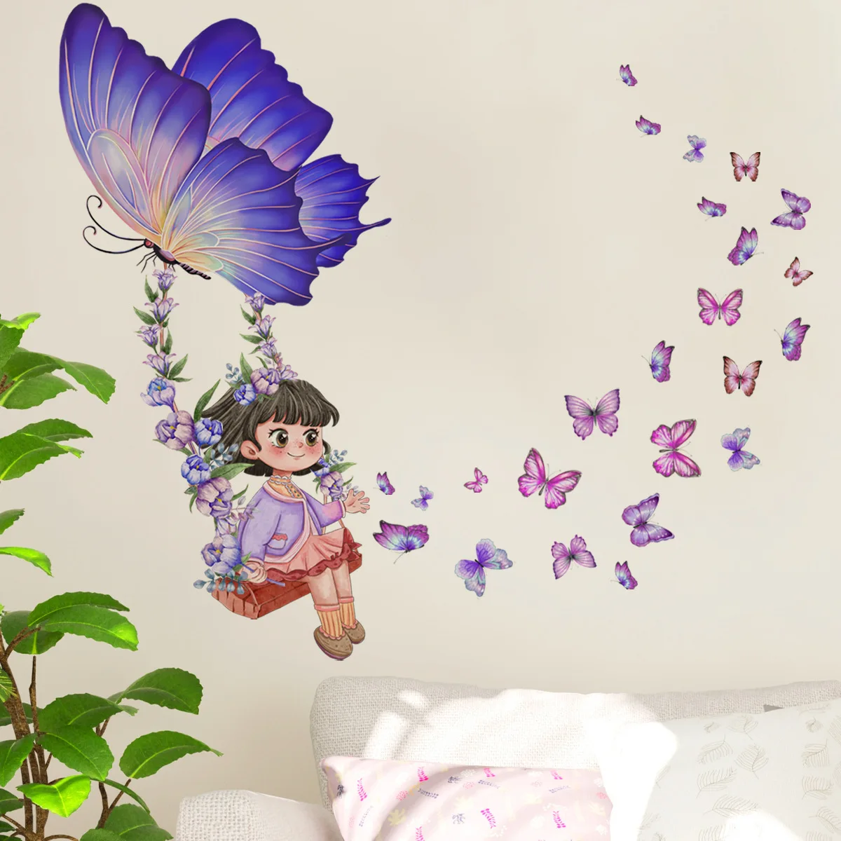 2pcs Little Girl Swing Butterfly Cartoon Wall Sticker Background Wall Living Room Bedroom Study  Decoration Mural Wall Sticker