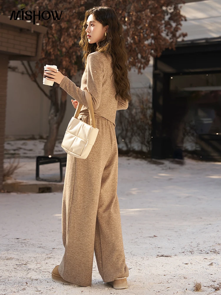 MISHOW Casual 2 Piece Sets Pant Women Outfit 2024 Autumn Winter Mock Neck Knit T Shirt Top Baggy Wide Leg Pants Set MXD11T0187